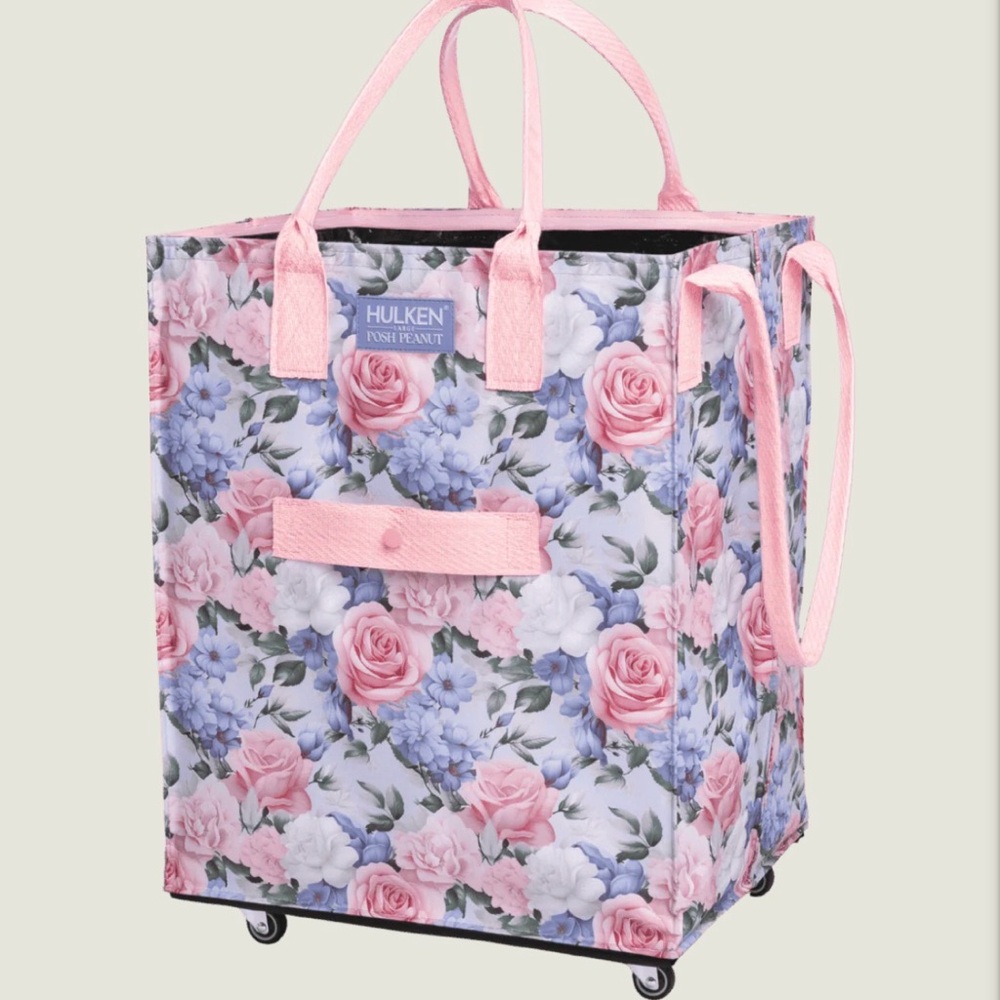 HULKEN Pink Floral Rolling Tote Bag with Top Handles